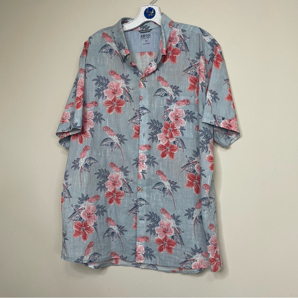 Izod Saltwater Blue and Light Red Tropical Men's Casual‎ Shirt~ Size XL Chambray